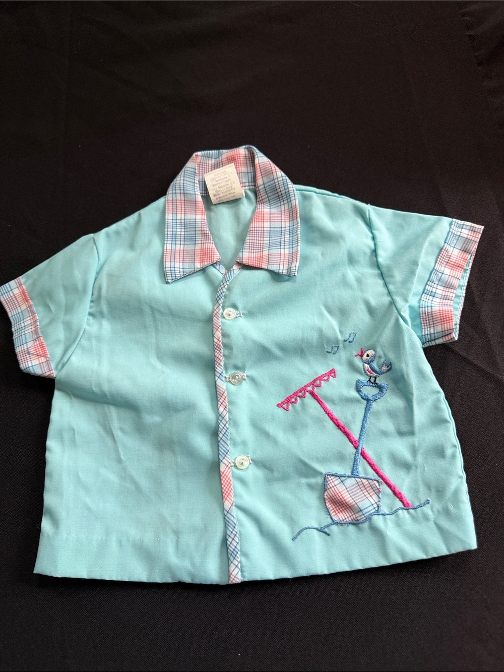 Vintage Aqua Toddler Button-Up Shirt with Plaid Trim
